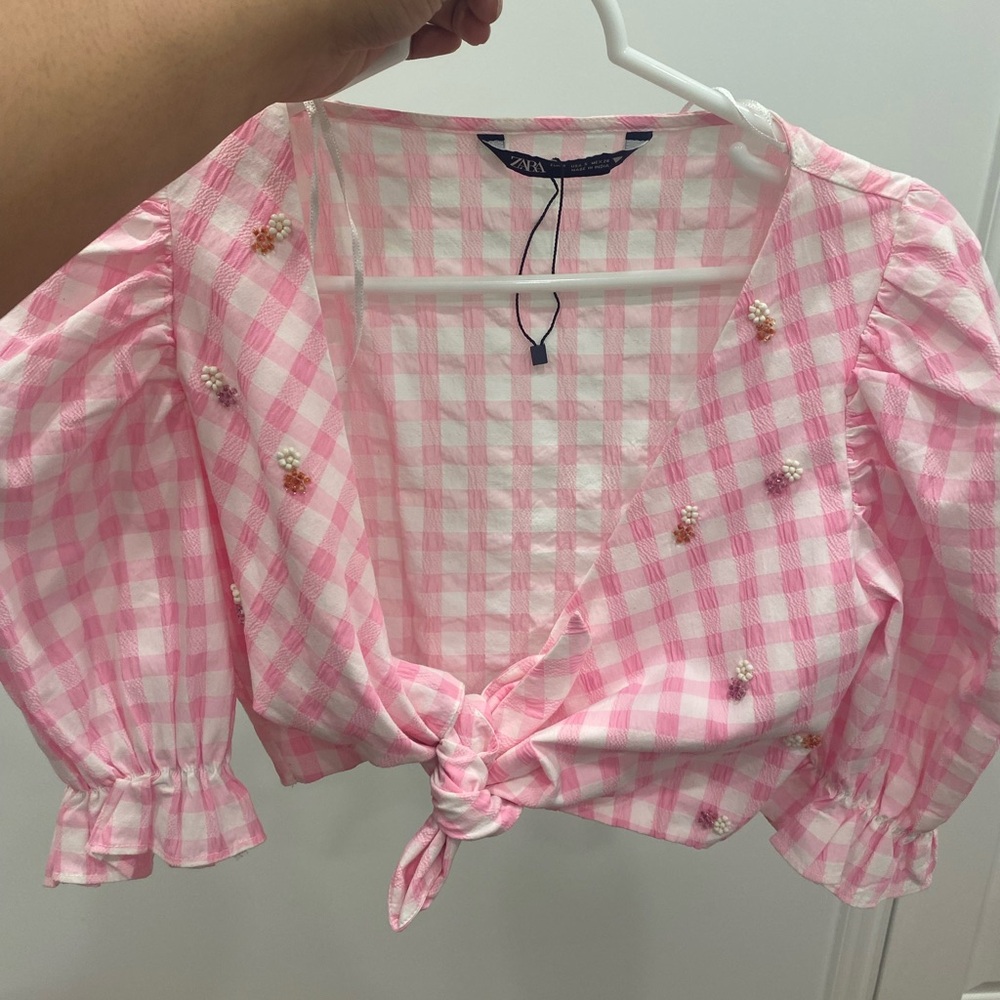 Zara Pink Checkered Tie-Front Top